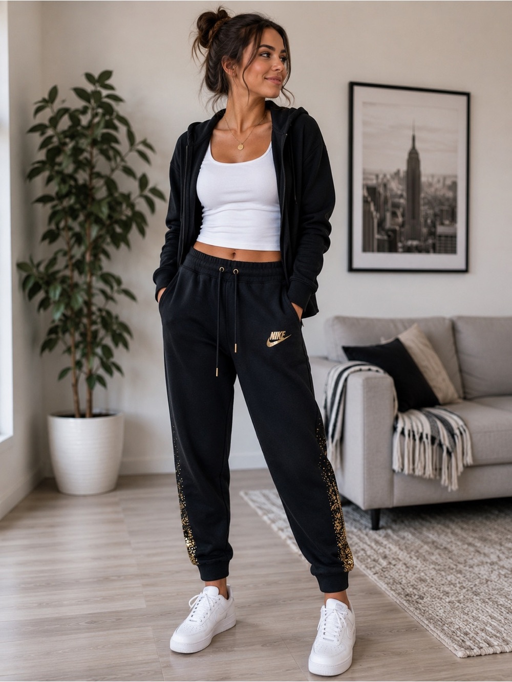 Nike Black Gold Speckle Joggers Medium Athleisure Sweatpants Streetwear